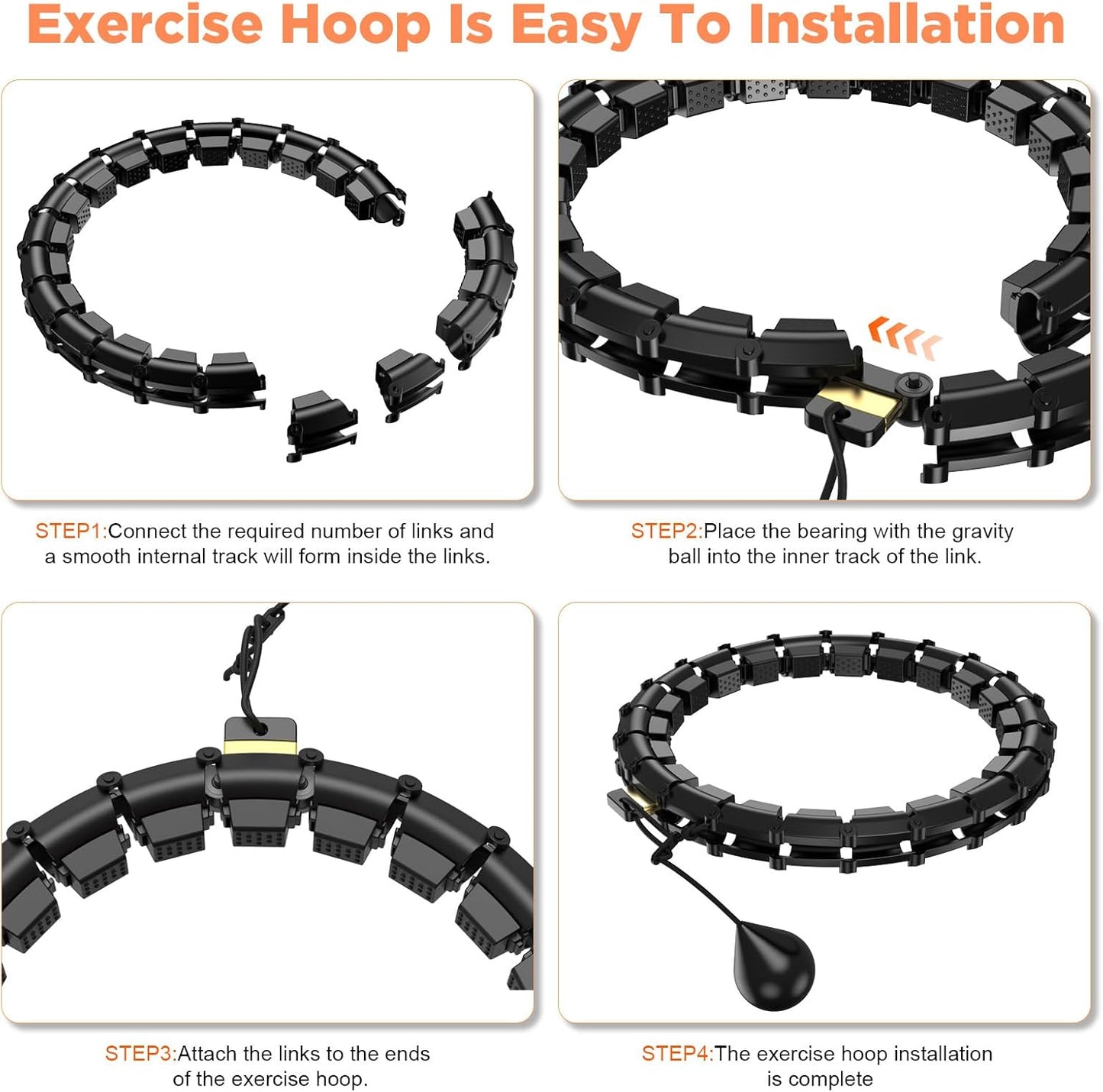 Plus Size Weighted Hula Infinity Fitness Detachable Hoop 65 Inch, 32 Knots | Silent Smart Noiseless Infinity Hula, for Women and Beginners, 2-In-1 Waist and Abdominal Home Exercise Hoops, Black