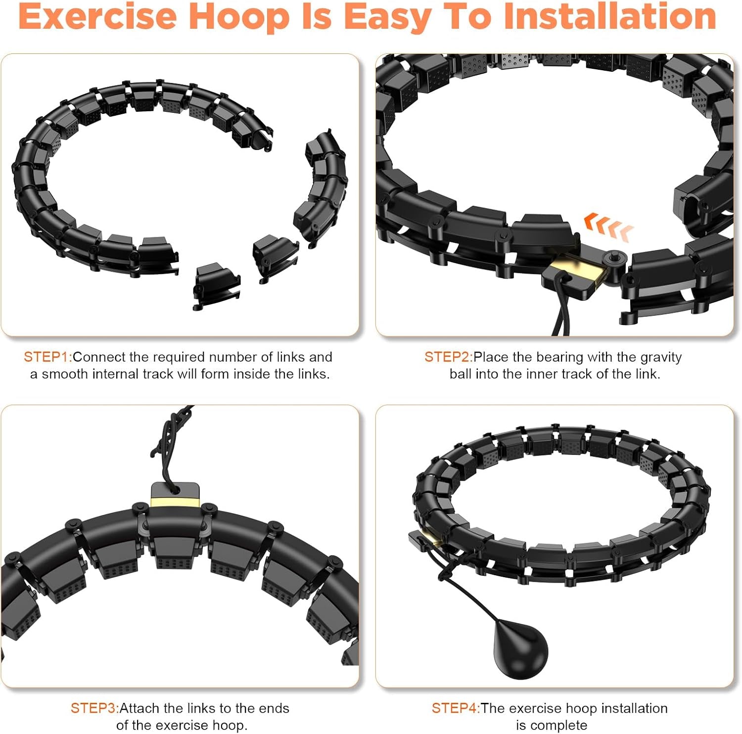 Plus Size Weighted Hula Infinity Fitness Detachable Hoop 65 Inch, 32 Knots | Silent Smart Noiseless Infinity Hula, for Women and Beginners, 2-In-1 Waist and Abdominal Home Exercise Hoops, Black