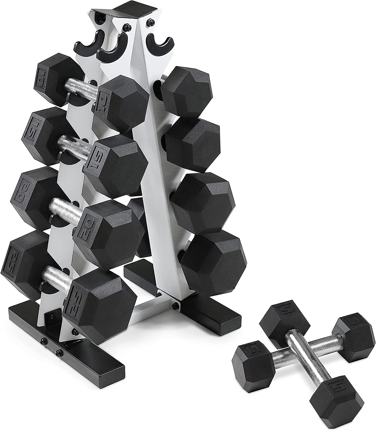 Rubber Coated Hex Dumbbell Set (5-25 lbs) with Storage Rack - Non-Slip Design for Muscle Toning, Strength Training, and Weight Management - Available in Multiple Options