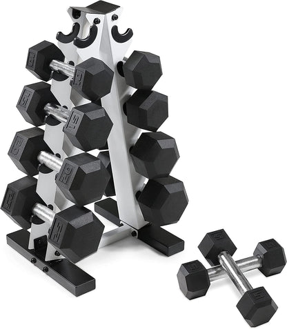 Rubber Coated Hex Dumbbell Set (5-25 lbs) with Storage Rack - Non-Slip Design for Muscle Toning, Strength Training, and Weight Management - Available in Multiple Options