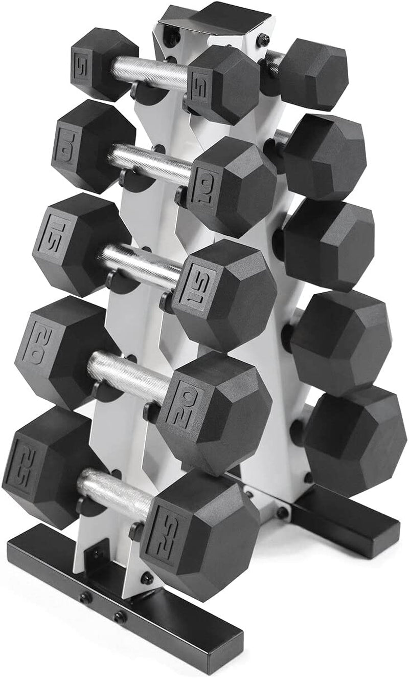 Rubber Coated Hex Dumbbell Set (5-25 lbs) with Storage Rack - Non-Slip Design for Muscle Toning, Strength Training, and Weight Management - Available in Multiple Options
