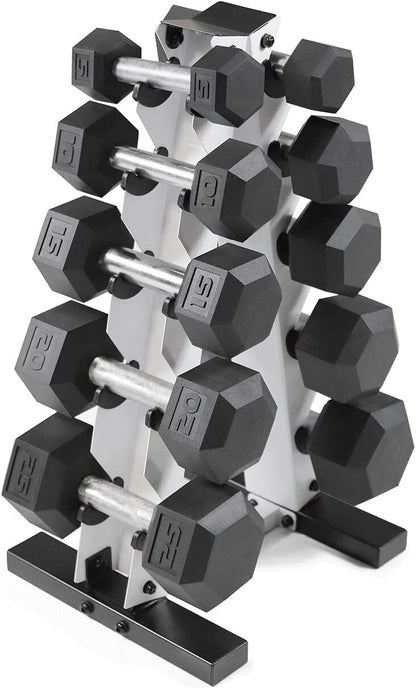 Rubber Coated Hex Dumbbell Set (5-25 lbs) with Storage Rack - Non-Slip Design for Muscle Toning, Strength Training, and Weight Management - Available in Multiple Options