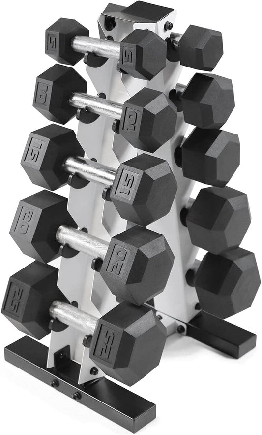 Rubber Coated Hex Dumbbell Set (5-25 lbs) with Storage Rack - Non-Slip Design for Muscle Toning, Strength Training, and Weight Management - Available in Multiple Options