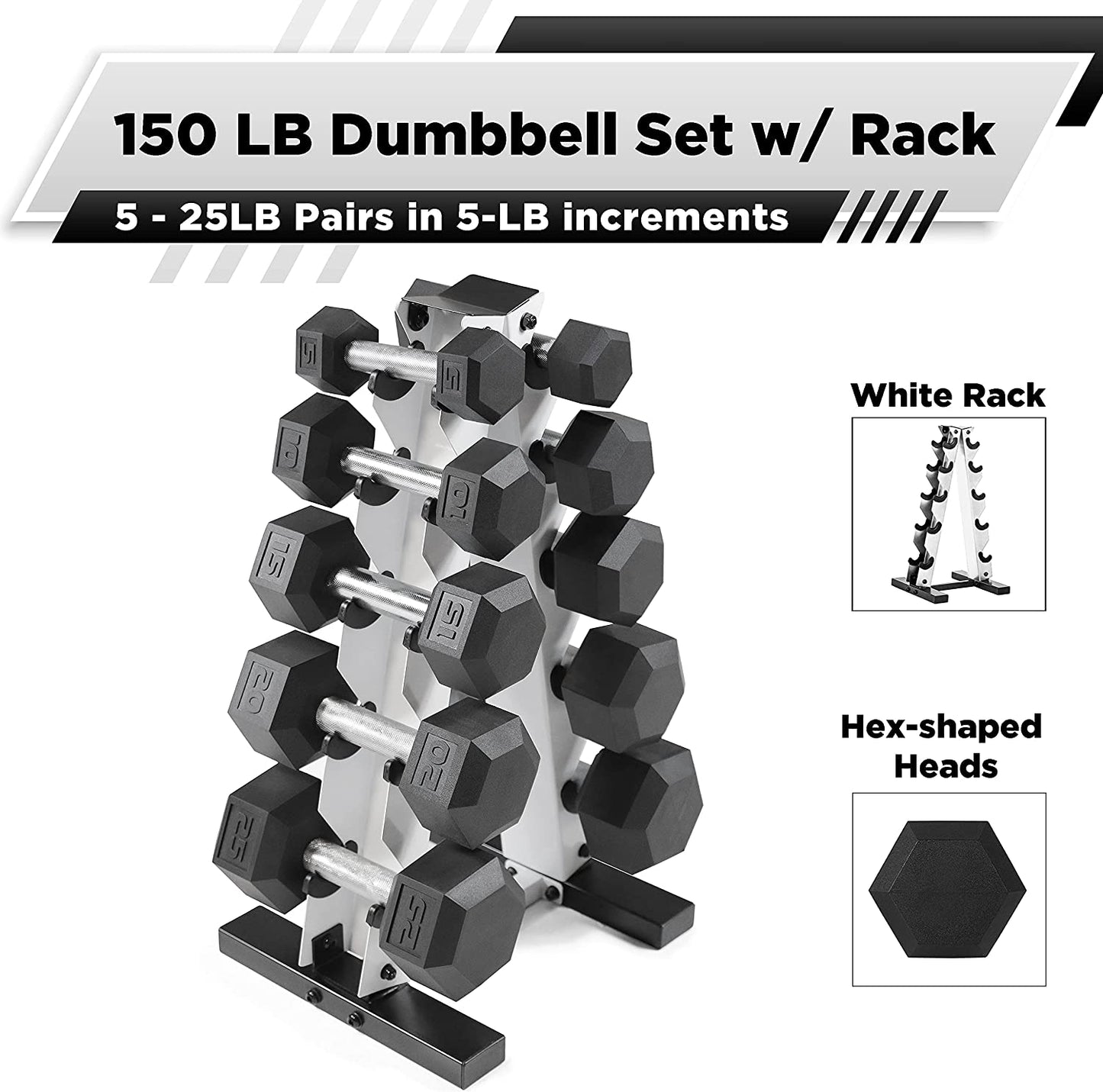 Rubber Coated Hex Dumbbell Set (5-25 lbs) with Storage Rack - Non-Slip Design for Muscle Toning, Strength Training, and Weight Management - Available in Multiple Options