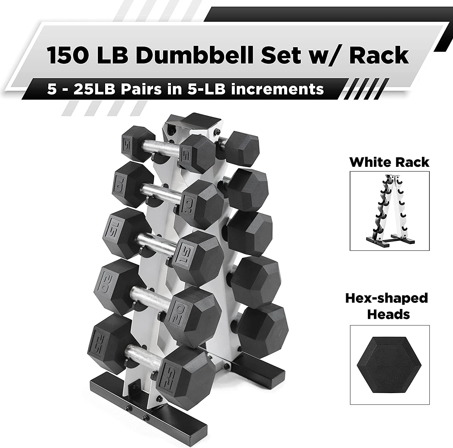 Rubber Coated Hex Dumbbell Set (5-25 lbs) with Storage Rack - Non-Slip Design for Muscle Toning, Strength Training, and Weight Management - Available in Multiple Options