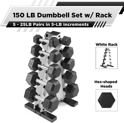 Rubber Coated Hex Dumbbell Set (5-25 lbs) with Storage Rack - Non-Slip Design for Muscle Toning, Strength Training, and Weight Management - Available in Multiple Options