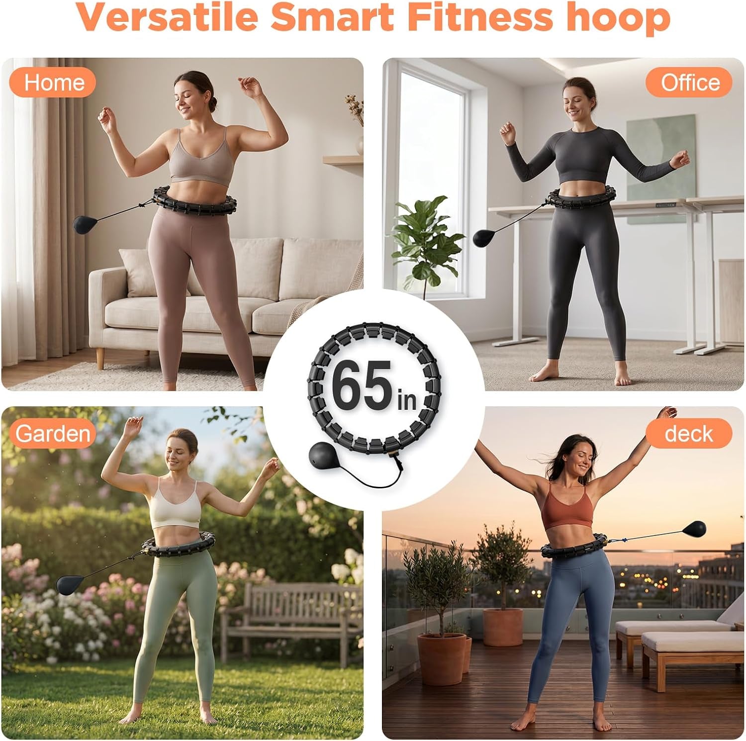 Plus Size Weighted Hula Infinity Fitness Detachable Hoop 65 Inch, 32 Knots | Silent Smart Noiseless Infinity Hula, for Women and Beginners, 2-In-1 Waist and Abdominal Home Exercise Hoops, Black